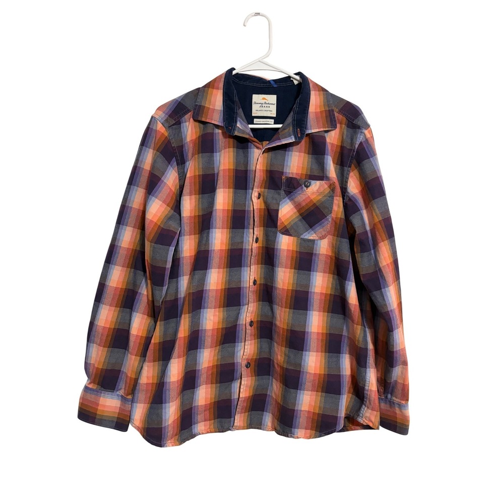 Tommy Bahama Button Down Shirt Plaid Purple Orange Island Modern Fit Large